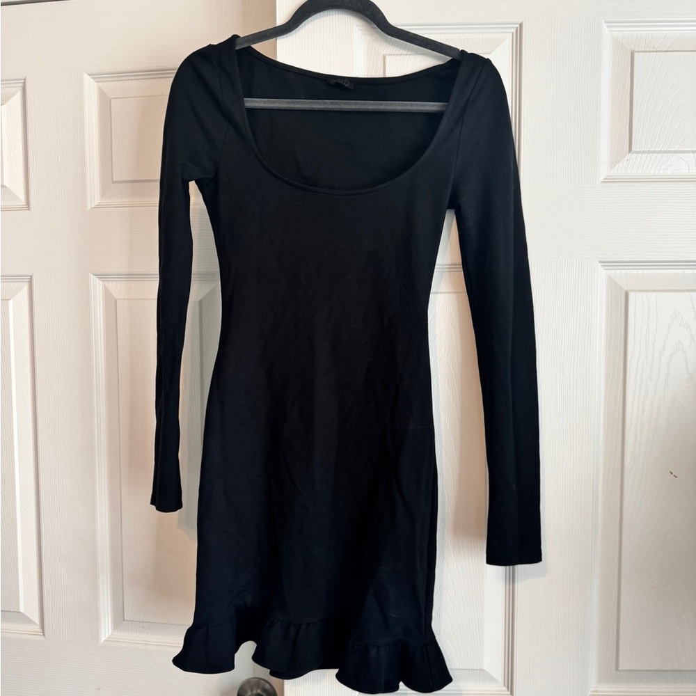 NBD Black Long-Sleeve Scoop Neck Ruffle-Hem Mini Dress